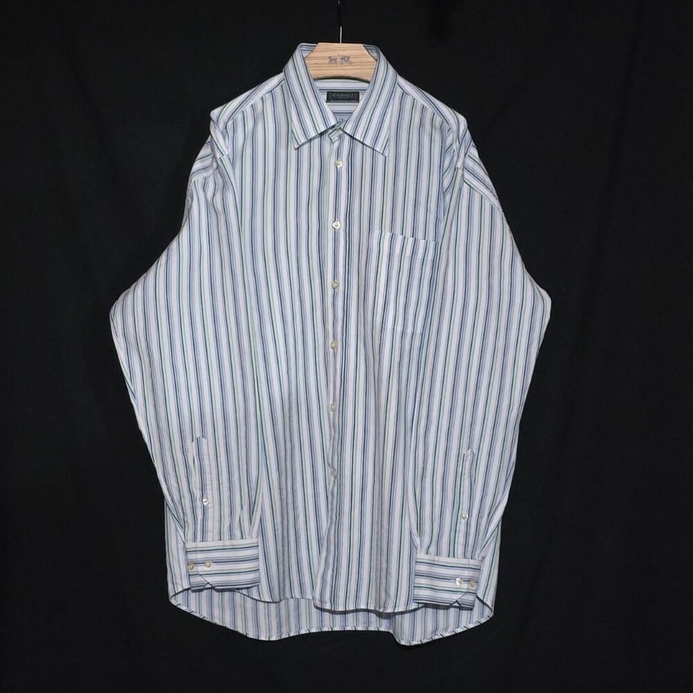 Canali Sportswear Made in Italy LS BF Shirt - White w Blue Green Striped - Sz XL